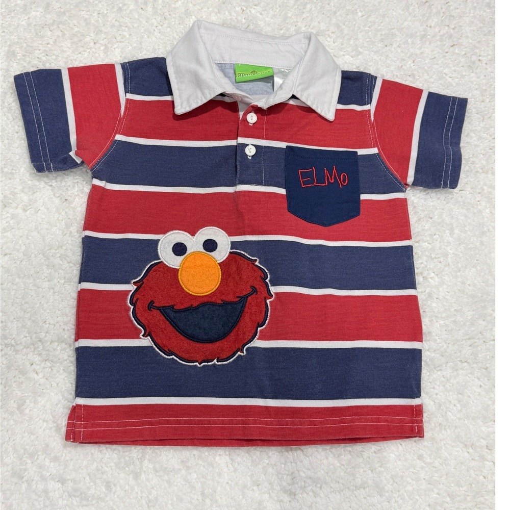 Vtg Y2K Sesame Street Polo Shirt sz 24M Elmo Striped Short Sleeve